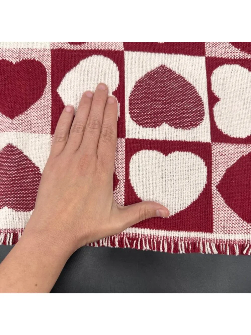 Vintage Red White Heart Woven Table Runner Tapestry Fringe Cottage Farmhouse
